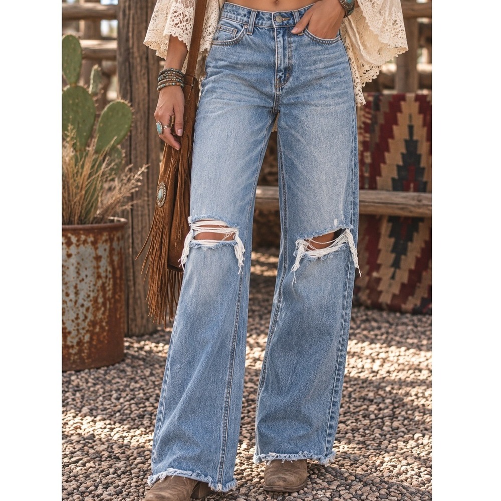 Carly Jean Los Angeles Malibu High Rise Distressed Straight Leg Jeans 1 Long